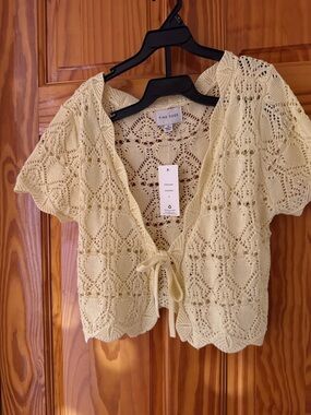 Pink Rose Crochet Tie-Front Cardigan - Light Yellow